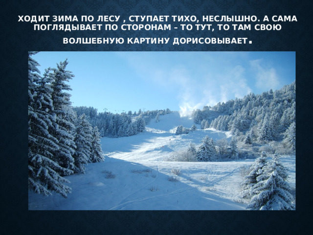 Ходит зима по лесу , ступает тихо, неслышно. А сама поглядывает по сторонам – то тут, то там свою волшебную картину дорисовывает . 