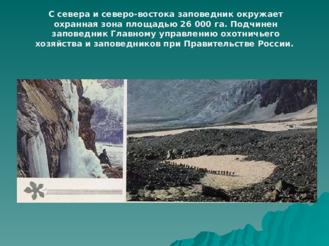 С севера и северо-востока заповедник окружает охранная зона площадью 26 000 га. Подчинен заповедник Главному управлению охотничьего хозяйства и заповедников при Правительстве России.  