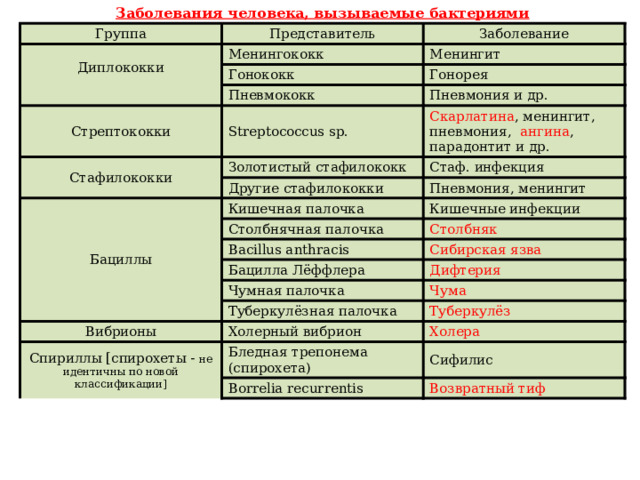 Заболевания человека, вызываемые бактериями Группа Представитель Диплококки Менингококк Заболевание Гонококк Менингит Пневмококк Гонорея Стрептококки Пневмония и др. Streptococcus sp. Стафилококки Золотистый стафилококк Скарлатина , менингит, пневмония, ангина , парадонтит и др. Другие стафилококки Бациллы Стаф. инфекция Кишечная палочка Пневмония, менингит Столбнячная палочка Кишечные инфекции Столбняк Bacillus anthracis Бацилла Лёффлера Сибирская язва Чумная палочка Дифтерия Туберкулёзная палочка Вибрионы Чума Холерный вибрион Туберкулёз Спириллы [спирохеты - не идентичны по новой классификации] Холера Бледная трепонема (спирохета) Borrelia recurrentis Сифилис Возвратный тиф 