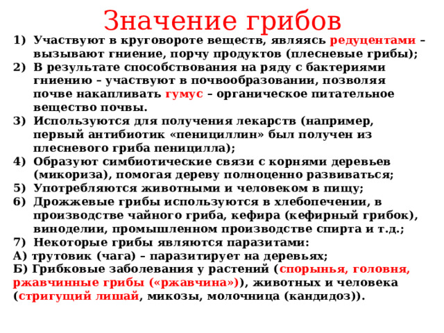 Значение грибов Участвуют в круговороте веществ, являясь редуцентами – вызывают гниение, порчу продуктов (плесневые грибы); В результате способствования на ряду с бактериями гниению – участвуют в почвообразовании, позволяя почве накапливать гумус – органическое питательное вещество почвы. Используются для получения лекарств (например, первый антибиотик «пенициллин» был получен из плесневого гриба пеницилла); Образуют симбиотические связи с корнями деревьев (микориза), помогая дереву полноценно развиваться; Употребляются животными и человеком в пищу; Дрожжевые грибы используются в хлебопечении, в производстве чайного гриба, кефира (кефирный грибок), виноделии, промышленном производстве спирта и т.д.; Некоторые грибы являются паразитами: А) трутовик (чага) – паразитирует на деревьях; Б) Грибковые заболевания у растений ( спорынья, головня, ржавчинные грибы («ржавчина») ), животных и человека ( стригущий лишай , микозы, молочница (кандидоз)). 