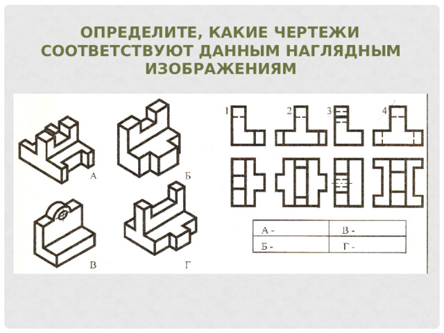 Определите, какие чертежи соответствуют данным наглядным изображениям 