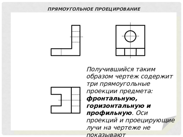 Прямоугольное проецирование Получившийся таким образом чертеж содержит три прямоугольные проекции предмета: фронтальную, горизонтальную и профильную . Оси проекций и проецирующие лучи на чертеже не показывают 