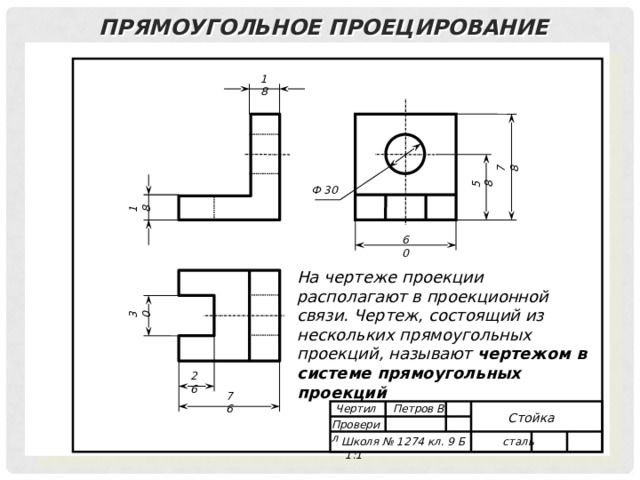 78 18 30 58 Прямоугольное проецирование 18 Ф 30 60 На чертеже проекции располагают в проекционной связи. Чертеж, состоящий из нескольких прямоугольных проекций, называют чертежом в системе прямоугольных проекций 26 76 Чертил Петров В. Стойка Проверил Школя № 1274 кл. 9 Б сталь 1:1 