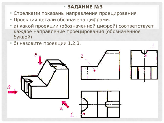 ЗАДАНИЕ №3 Стрелками показаны направления проецирования. Проекция детали обозначена цифрами. а) какой проекции (обозначенной цифрой) соответствует каждое направление проецирования (обозначенное буквой) б) назовите проекции 1,2,3. 