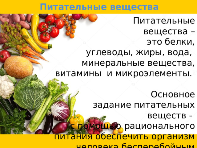 Питательные вещества  Питательные вещества –  это белки, углеводы, жиры, вода,  минеральные вещества, витамины и микроэлементы. Основное задание питательных веществ - с помощью рационального питания обеспечить организм человека бесперебойным функционированием. 