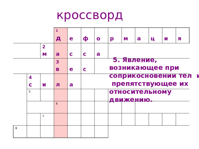 кроссворд 1 д 2 м  е  а 4 с  и  с 3 в  ф 5  е  о  с  л  а 8  а  р  с  м 6 7  а  ц  и  я  5. Явление, возникающее при соприкосновении  тел и препятствующее их относительному движению. 1.Изменение формы и размера тела  