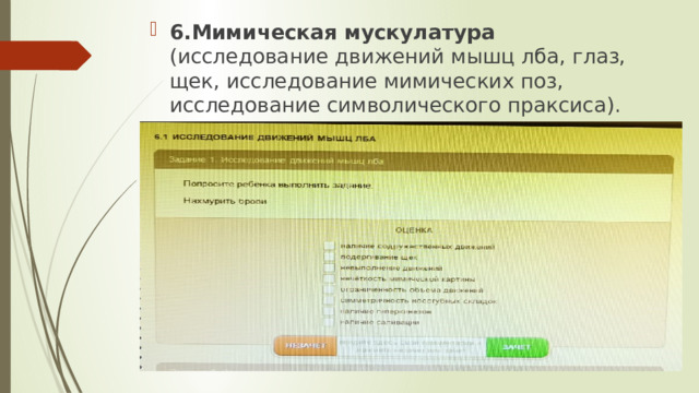 6.Мимическая мускулатура (исследование движений мышц лба, глаз, щек, исследование мимических поз, исследование символического праксиса). 