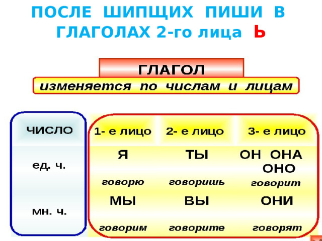 ПОСЛЕ ШИПЩИХ ПИШИ В ГЛАГОЛАХ 2-го лица Ь 