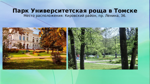 Парк Университетская роща в Томске  Место расположения: Кировский район, пр. Ленина, 36. 