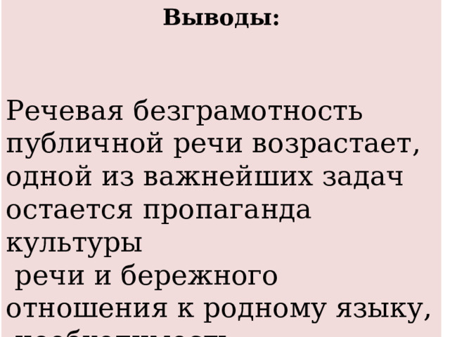 Выводы:    Речевая безграмотность публичной речи возрастает, одной из важнейших задач остается пропаганда культуры  речи и бережного отношения к родному языку, необходимость изучения норм литературного языка. 