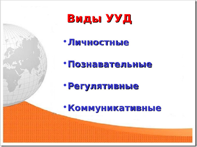Виды УУД Личностные  Познавательные  Регулятивные  Коммуникативные   