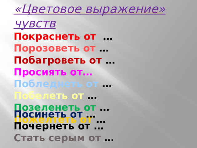 «Цветовое выражение» чувств Покраснеть от … Порозоветь от … Побагроветь от … Просиять от… Побледнеть от … Побелеть от … Позеленеть от … Пожелтеть от … Посинеть от … Почернеть от … Стать серым от … 