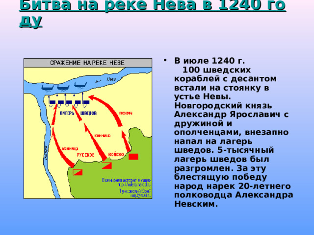 Битва на реке Нева в 1240 году    В июле 1240 г. 100 шведских кораблей с десантом встали на стоянку в устье Невы. Новгородский князь Александр Ярославич с дружиной и ополченцами, внезапно напал на лагерь шведов. 5-тысячный лагерь шведов был разгромлен. За эту блестящую победу народ нарек 20-летнего полководца Александра Невским.  