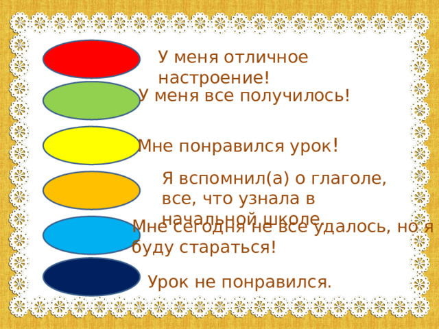 У меня отличное настроение! У меня все получилось! Мне понравился урок ! Я вспомнил(а) о глаголе, все, что узнала в начальной школе. Мне сегодня не все удалось, но я буду стараться! Урок не понравился. 