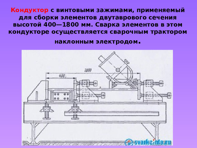 Кондуктор с винтовыми зажимами, применяемый для сборки элементов двутаврового сечения высотой 400—1800 мм. Сварка элементов в этом кондукторе осуществляется сварочным трактором наклонным электродом . 
