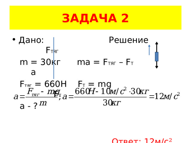 ЗАДАЧА 2 Дано: Решение F ТЯГ  m = 30кг ma = F ТЯГ – F T а  F тяг = 660Н F T = mg F Т  а - ?  Ответ: 12м/с ²  