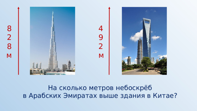8 4 2 9 8 2 м м На сколько метров небоскрёб в Арабских Эмиратах выше здания в Китае? 