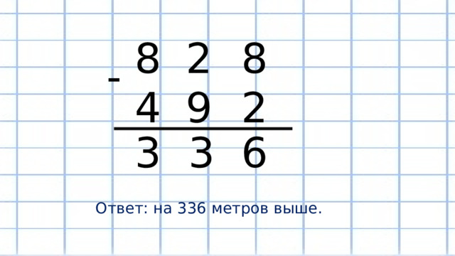 8 2 8 - 4 9 2 6 3 3 Ответ: на 336 метров выше. 