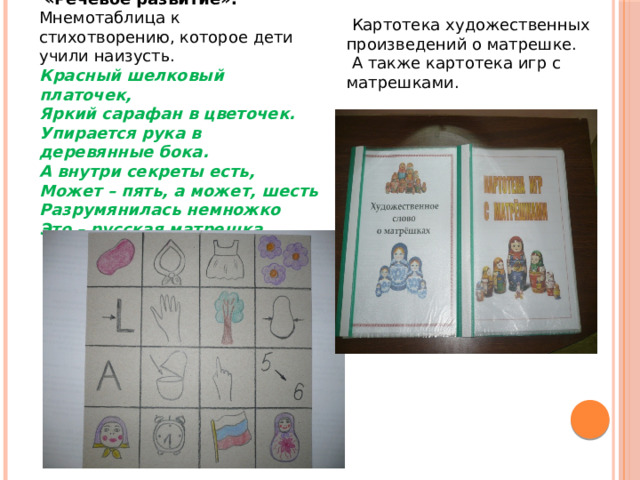   «Речевое развитие». Мнемотаблица к стихотворению, которое дети учили наизусть. Красный шелковый платочек, Яркий сарафан в цветочек. Упирается рука в деревянные бока. А внутри секреты есть, Может – пять, а может, шесть Разрумянилась немножко Это – русская матрешка.     Картотека художественных произведений о матрешке.  А также картотека игр с матрешками.  