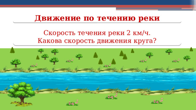Движение по течению реки Скорость течения реки 2 км/ч.  Какова скорость движения круга?  