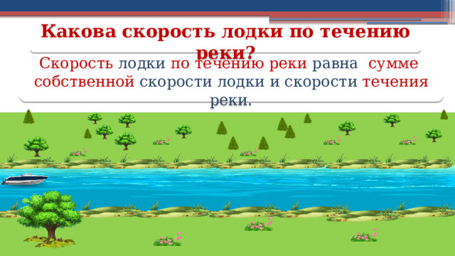 Какова скорость лодки по течению реки? Скорость лодки по течению реки равна сумме  собственной скорости лодки и скорости течения реки.  