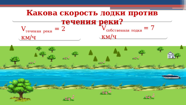 Какова скорость лодки против течения реки? V течения  реки = 2 км/ч V собственная лодки = 7 км/ч  