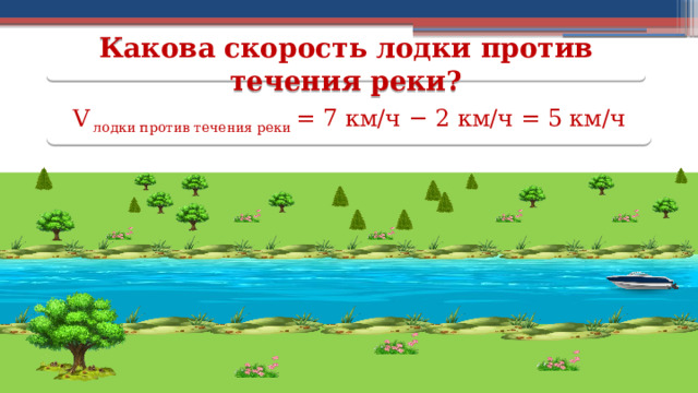 Какова скорость лодки против течения реки? V лодки против течения реки = 7 км/ч − 2 км/ч = 5 км/ч  