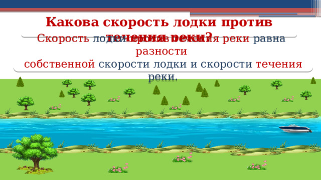 Какова скорость лодки против течения реки? Скорость лодки против течения реки равна разности  собственной скорости лодки и скорости течения реки.  