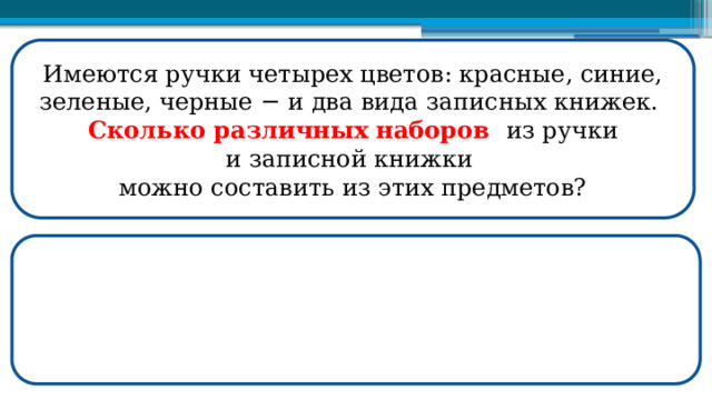 Имеются ручки четырех цветов: красные, синие, зеленые, черные − и два вида записных книжек.  Сколько различных наборов из ручки и записной книжки можно составить из этих предметов?  