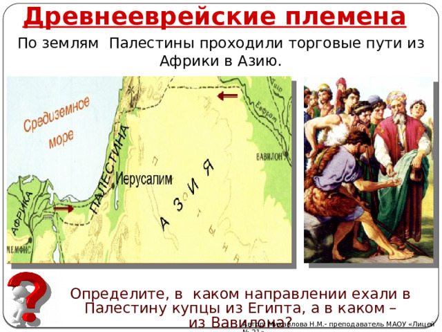 Древнееврейские племена По землям Палестины проходили торговые пути из Африки в Азию. Определите, в каком направлении ехали в  Палестину купцы из Египта, а в каком – из Вавилона? Автор: Михайлова Н.М.- преподаватель МАОУ «Лицей № 21» 