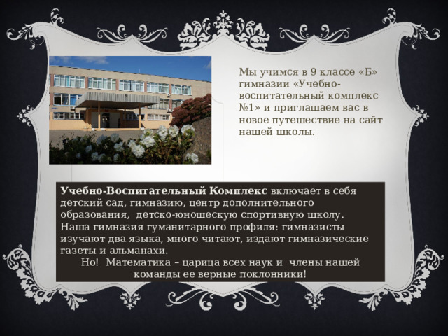 Мы учимся в 9 классе «Б» гимназии «Учебно-воспитательный комплекс №1» и приглашаем вас в новое путешествие на сайт нашей школы.   Учебно-Воспитательный Комплекс  включает в себя детский сад, гимназию, центр дополнительного образования, детско-юношескую спортивную школу. Наша гимназия гуманитарного профиля: гимназисты изучают два языка, много читают, издают гимназические газеты и альманахи. Но! Математика – царица всех наук и члены нашей команды ее верные поклонники! 