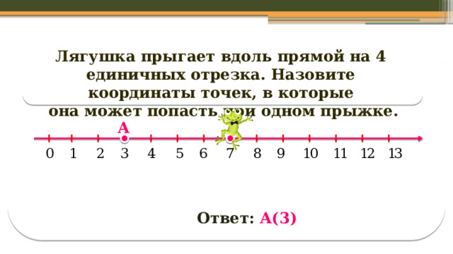 Лягушка прыгает вдоль прямой на 4 единичных отрезка. Назовите координаты точек, в которые  она может попасть при одном прыжке. А Ответ: А(3)  