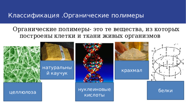Классификация .Органические полимеры  Органические полимеры- это те вещества, из которых построены клетки и ткани живых организмов натуральный каучук крахмал белки целлюлоза нуклеиновые кислоты 