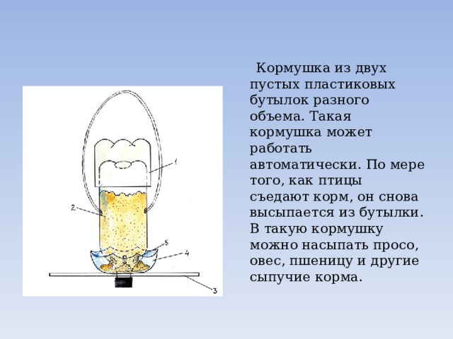  Кормушка из двух пустых пластиковых бутылок разного объема. Такая кормушка может работать автоматически. По мере того, как птицы съедают корм, он снова высыпается из бутылки. В такую кормушку можно насыпать просо, овес, пшеницу и другие сыпучие корма. 