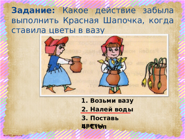 Задание: Какое действие забыла выполнить Красная Шапочка, когда ставила цветы в вазу 1. Возьми вазу 2. Налей воды 3. Поставь цветы 4. Стоп 