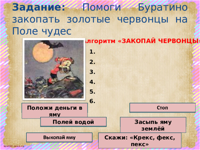 Задание: Помоги Буратино закопать золотые червонцы на Поле чудес Алгоритм «ЗАКОПАЙ ЧЕРВОНЦЫ» 1.  2.  3.  4.  5.  6. Положи деньги в яму Засыпь яму землёй Полей водой Скажи: «Крекс, фекс, пекс» 