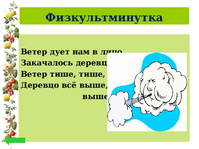 Физкультминутка Ветер дует нам в лицо, Закачалось деревцо, Ветер тише, тише, тише. Деревцо всё выше,  выше… 