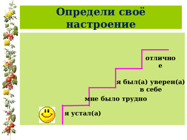 Определи своё настроение отличное я был(а) уверен(а) в себе  мне было трудно я устал(а) 