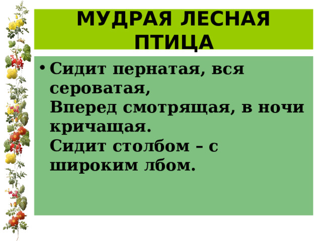 МУДРАЯ ЛЕСНАЯ ПТИЦА Сидит пернатая, вся сероватая,  Вперед смотрящая, в ночи кричащая.  Сидит столбом – с широким лбом.    