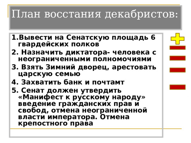 План восстания декабристов:   1.Вывести на Сенатскую площадь 6 гвардейских полков 2. Назначить диктатора- человека с неограниченными полномочиями 3. Взять Зимний дворец, арестовать царскую семью 4. Захватить банк и почтамт 5. Сенат должен утвердить «Манифест к русскому народу» введение гражданских прав и свобод, отмена неограниченной власти императора. Отмена крепостного права    