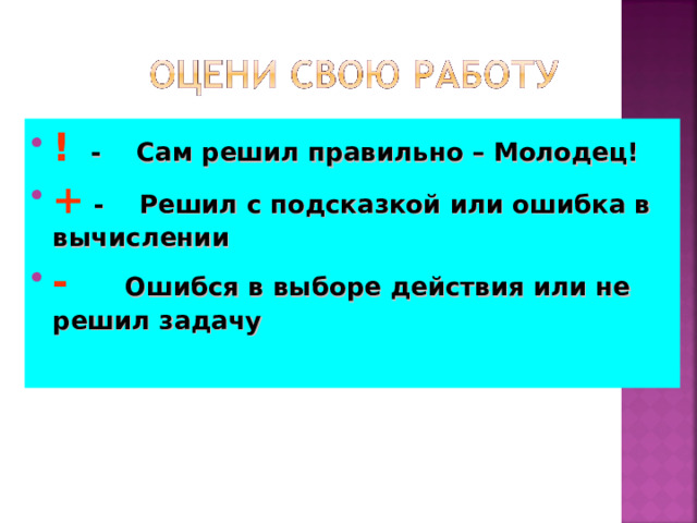 !   - Сам решил правильно – Молодец! +  - Решил с подсказкой или ошибка в вычислении -   Ошибся в выборе действия или не решил задачу 