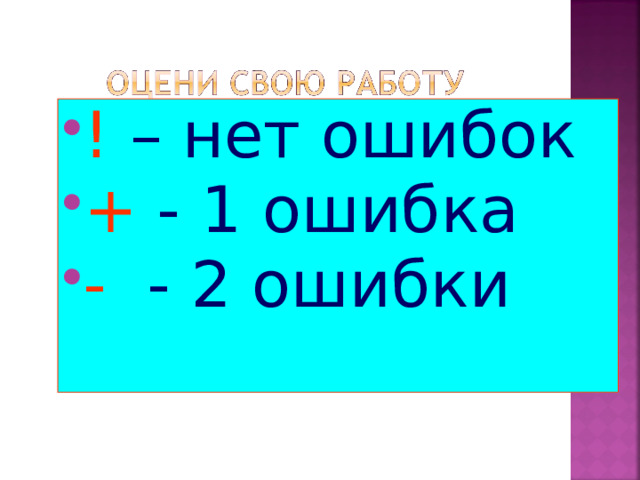 !  – нет ошибок +  - 1 ошибка -  - 2 ошибки 