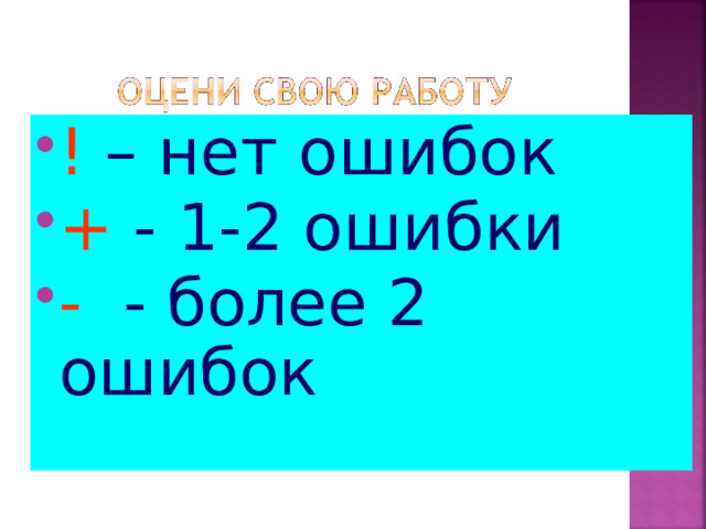 !  – нет ошибок +  - 1-2 ошибки -  - более 2 ошибок 