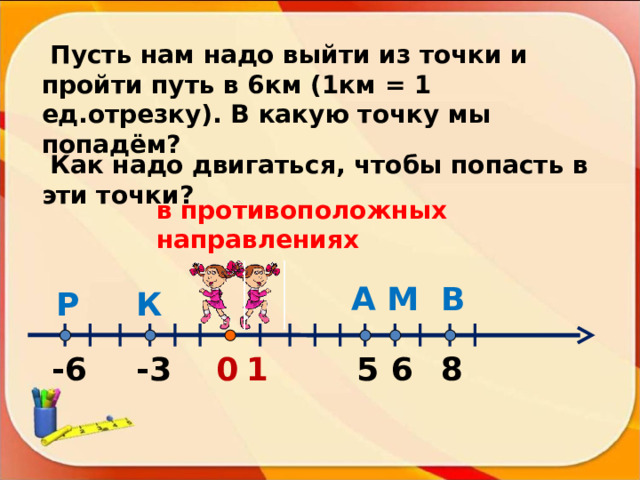  Пусть нам надо выйти из точки и пройти путь в 6км (1км = 1 ед.отрезку). В какую точку мы попадём?  Как надо двигаться, чтобы попасть в эти точки? в противоположных направлениях А В М К Р -3 5 8 1 6 -6 0 