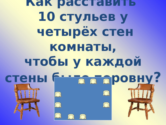 Как расставить 10 стульев у  четырёх стен комнаты,  чтобы у каждой стены было поровну ?  