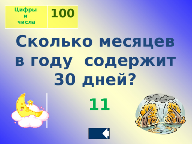 Цифры и 100 числа Сколько месяцев в году содержит 30 дней? 11 