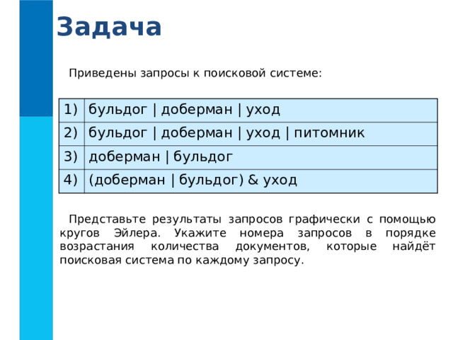 Задача Приведены запросы к поисковой системе: 1) бульдог | доберман | уход 2) бульдог | доберман | уход | питомник 3) доберман | бульдог 4) (доберман | бульдог) & уход Представьте результаты запросов графически с помощью кругов Эйлера. Укажите номера запросов в порядке возрастания количества документов, которые найдёт поисковая система по каждому запросу. 