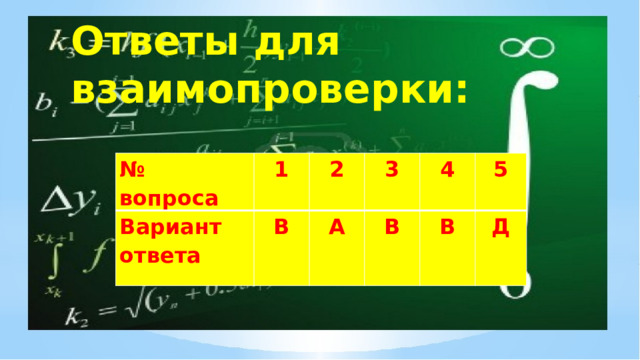 Ответы для взаимопроверки: № вопроса Вариант ответа 1 2 В 3 А 4 В В 5 Д 