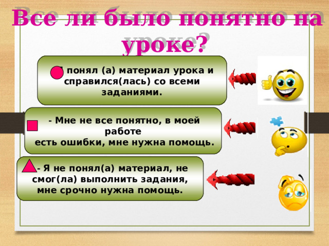  Все ли было понятно на уроке? - Я понял (а) материал урока и справился(лась) со всеми заданиями.  - Мне не все понятно, в моей работе  есть ошибки, мне нужна помощь.  -  Я не понял(а) материал, не смог(ла) выполнить задания, мне срочно нужна помощь. 