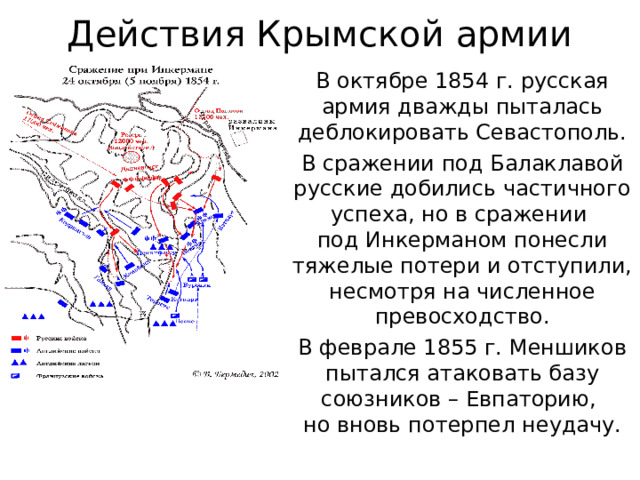 Действия Крымской армии В октябре 1854 г. русская армия дважды пыталась деблокировать Севастополь. В сражении под Балаклавой русские добились частичного успеха, но в сражении  под Инкерманом понесли тяжелые потери и отступили, несмотря на численное превосходство. В феврале 1855 г. Меншиков пытался атаковать базу союзников – Евпаторию,  но вновь потерпел неудачу. 